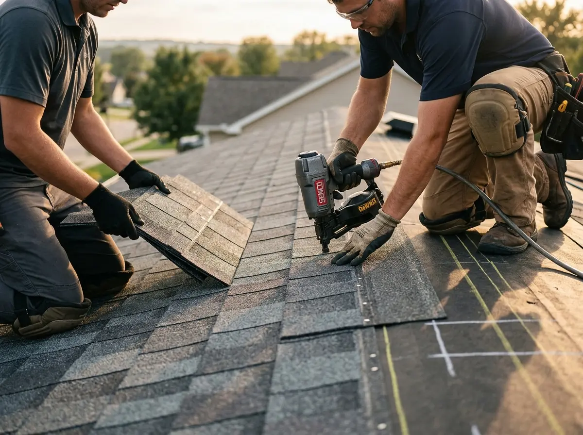 Professional roofer working on a residential roof in Sullivan